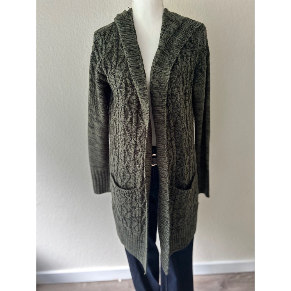 Merona Womens Olive Green Cable Knit Hooded Open Front Cardigan Sweater Small